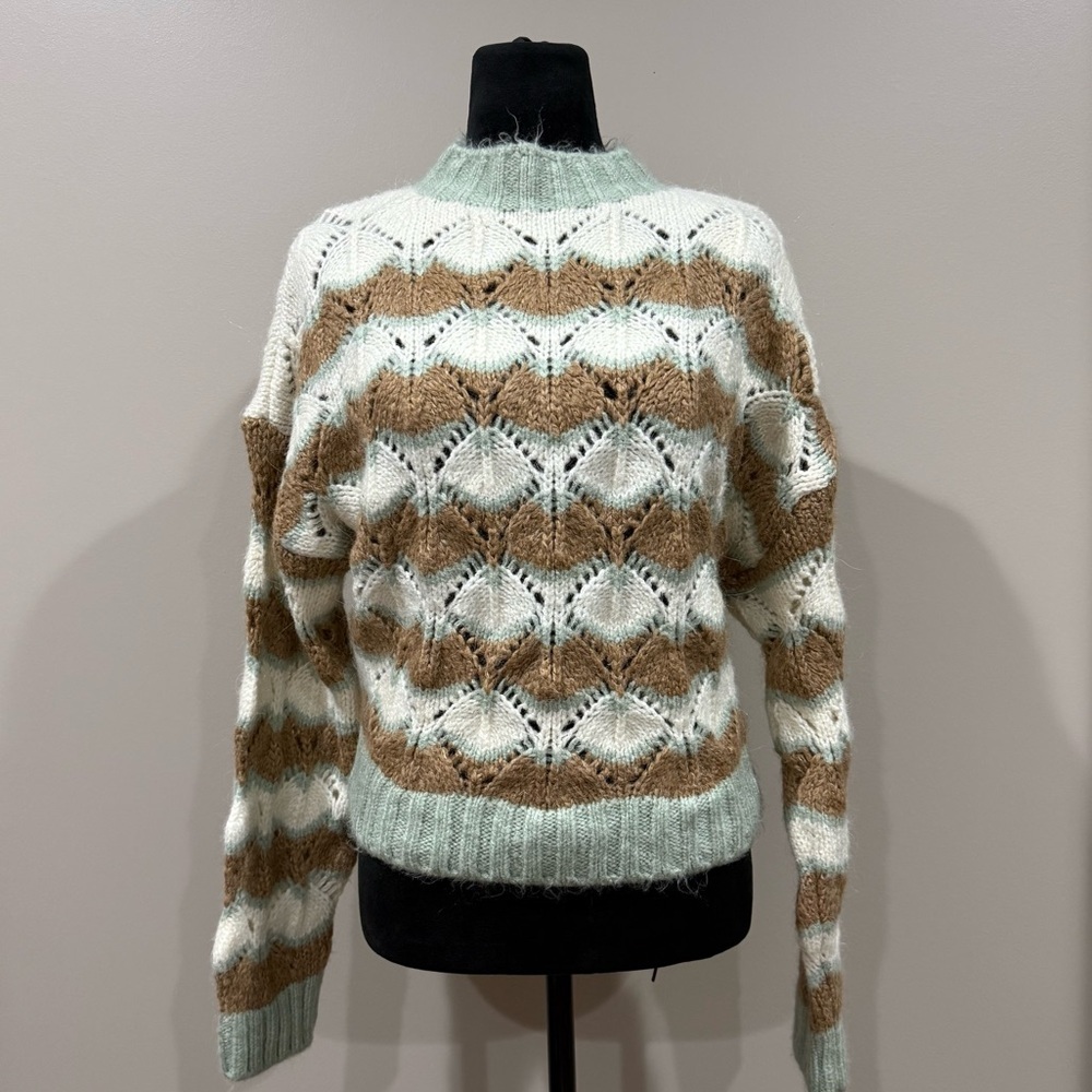 Zara brown light green & cream crew neck sweater with a zigzag pointelle pattern